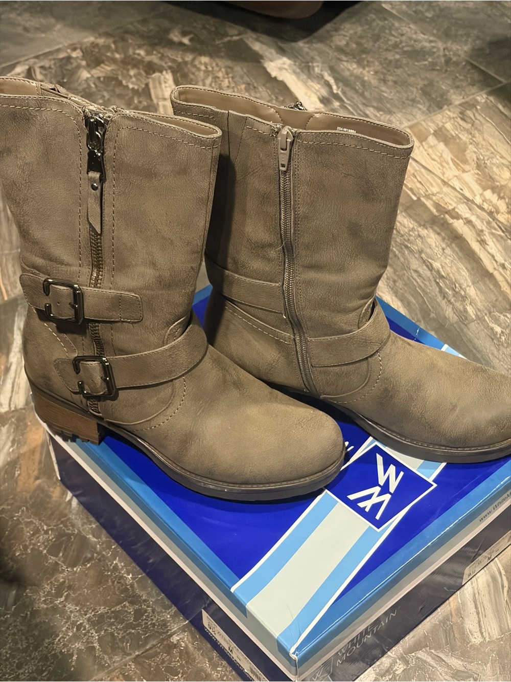 White Mountain gray boots with buckle detail